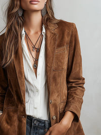 Emilia | Damen Cardigan Blazer Kunstwildleder Tailored-Fit Knopfleiste – Braun