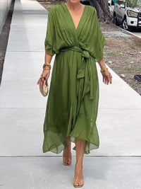 Sophie | Damen Chiffon Cocktailparty-Kleid V-Ausschnitt Taillengürtel Midi – Grün