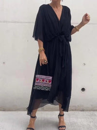 Sophie | Damen Chiffon Cocktailparty-Kleid V-Ausschnitt Taillengürtel Midi – Schwarz