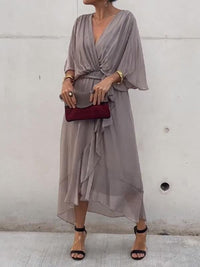 Sophie | Damen Chiffon Cocktailparty-Kleid V-Ausschnitt Taillengürtel Midi – Grau