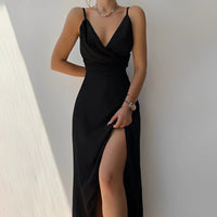 Marlene | Damen Cocktail Party Dress Elegantes Maxi-Kleid V-Ausschnitt Schlitz – Schwarz