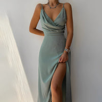 Marlene | Damen Cocktail Party Dress Elegantes Maxi-Kleid V-Ausschnitt Schlitz – Armeégrün
