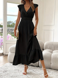 Leonie | Damen Cocktail Party Dress Rüschen V-Ausschnitt Tailliertes Maxi Kleid – Schwarz