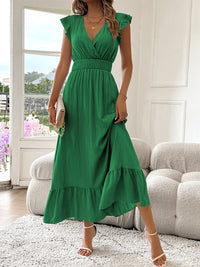 Leonie | Damen Cocktail Party Dress Rüschen V-Ausschnitt Tailliertes Maxi Kleid – Smaragdgrün