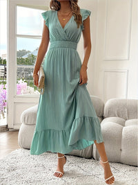 Leonie | Damen Cocktail Party Dress Rüschen V-Ausschnitt Tailliertes Maxi Kleid – Hellgrün