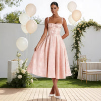 Johanna | Damen Cocktailkleid mit Rüschenoberteil ausgestelltem Jacquard-Rock – Rosa