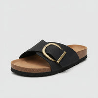 Katharina | Damen Comfortable Sandals Breiter Riemen Schnalle Slip-On Flachsandalen – Mitternachtsschwarz