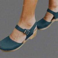 Marie | Damen Comfortable Sandals Plateau-Clogs Lederriemen Holzsohle – Blau