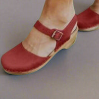 Marie | Damen Comfortable Sandals Plateau-Clogs Lederriemen Holzsohle – Rot
