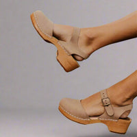 Marie | Damen Comfortable Sandals Plateau-Clogs Lederriemen Holzsohle – Beige