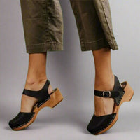 Marie | Damen Comfortable Sandals Plateau-Clogs Lederriemen Holzsohle – Schwarz