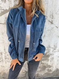 Mia | Damen Cord Kapuzenjacke mit Reißverschluss Oversized Freizeitjacke – Blau