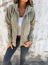 Mia | Damen Cord Kapuzenjacke mit Reißverschluss Oversized Freizeitjacke – Grün