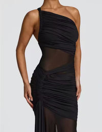 Damen Einschulter Maxikleid mit geraffter Oberfläche und durchsichtigen Einsätzen mit ausgestelltem Saum – Schwarz