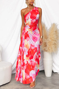 Damen Einschulter-Maxikleid mit Plissee und Asymmetrischem Saum – Blumenmuster