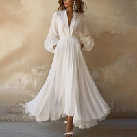 Johanna | Damen Elegant Tiefem V-Ausschnitt Fließendes Maxi Formal Dress – Weiß
