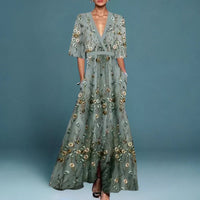 Emilia | Damen Elegante Blumen Maxi Abendkleider mit tiefem V-Ausschnitt – Blau