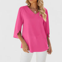 Marlene | Damen Elegante Rüschen-Bluse V-Ausschnitt Halbarm – Classic Pink