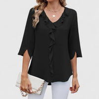 Marlene | Damen Elegante Rüschen-Bluse V-Ausschnitt Halbarm – Schwarz