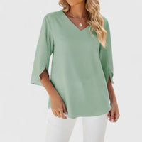 Marlene | Damen Elegante Rüschen-Bluse V-Ausschnitt Halbarm – Classic Green