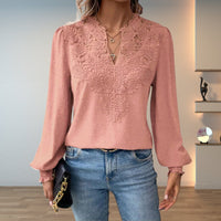 Clara | Damen Elegante Spitzenbesatz Langarm Bluse V-Ausschnitt – Rosa