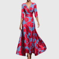 Elisabeth | Damen Elegantes Blumen-Maxi-Wickelkleid mit 3/4-Ärmeln V-Ausschnitt – Rot