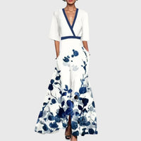 Elisabeth | Damen Elegantes Blumen-Maxi-Wickelkleid mit 3/4-Ärmeln V-Ausschnitt – Weiß