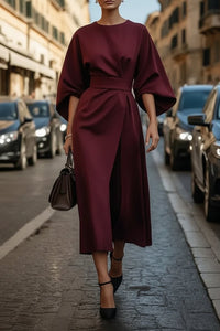 Hannah | Damen Elegantes Cocktailkleid mit Laternenärmeln Taillengürtel Midi – Bordeaux