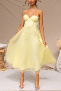 Damen elegantes fließendes Kleid für Hochzeitsgäste | Midi – Gelb
