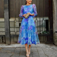 Damen elegantes geblümtes Partykleid mit langen Ärmeln | Midi – Blau