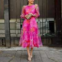 Damen elegantes geblümtes Partykleid mit langen Ärmeln | Midi – Rosa