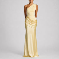 Hannah | Damen Elegantes One-Shoulder Satin-Maxikleid für Hochzeitsgäste im Herbst – Gelb