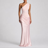 Hannah | Damen Elegantes One-Shoulder Satin-Maxikleid für Hochzeitsgäste im Herbst – Rosa
