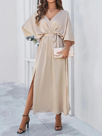 Damen elegantes Sommerkleid mit V-Ausschnitt | Midi – Champagner