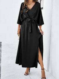 Damen elegantes Sommerkleid mit V-Ausschnitt | Midi – Schwarz
