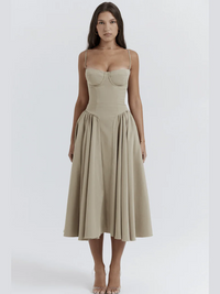Damen elegantes Taillenformendes Sommerkleid | Midi – Khaki