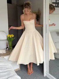 Damen elegantes Taillenformendes Sommerkleid | Midi – Weiß