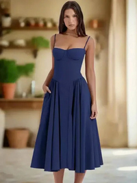 Damen elegantes Taillenformendes Sommerkleid | Midi – Blau