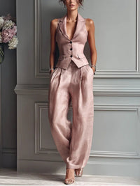Frieda | Damen Elegantes Wide-Leg-Hosen Leinenoptik Zweiteiler mit Weste – Hellrosa