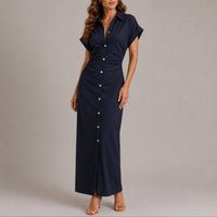Sophie | Damen Figurbetontes Maxi-Hemdblusenkleid für Herbst-Hochzeitsgäste – Marine