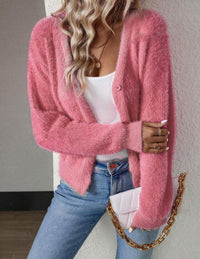 Marie | Damen Flauschiger V-Ausschnitt Strickjacke Cardigan mit Knopfleiste – Rosa