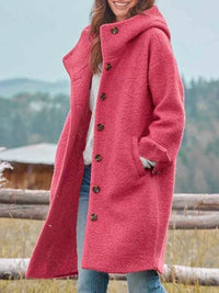 Hannah | Damen Fleece Mantel mit Kapuze Langarm Knopfleiste Women Coat – Rosa
