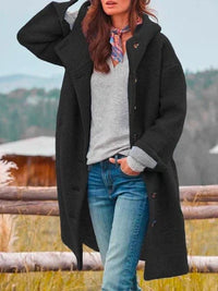 Hannah | Damen Fleece Mantel mit Kapuze Langarm Knopfleiste Women Coat – Schwarz