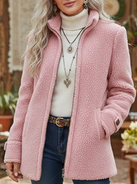 Elfriede | Damen Fleece Women Coat Stehkragen Reißverschluss Lammwoll-Optik – Rosa