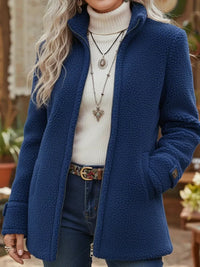 Elfriede | Damen Fleece Women Coat Stehkragen Reißverschluss Lammwoll-Optik – Blau