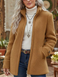 Elfriede | Damen Fleece Women Coat Stehkragen Reißverschluss Lammwoll-Optik – Camel