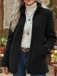 Elfriede | Damen Fleece Women Coat Stehkragen Reißverschluss Lammwoll-Optik – Schwarz