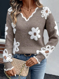 Lena | Damen Floral V-Ausschnitt Knit Sweater mit Gänseblümchen-Muster – Khaki