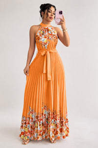 Emilia | Damen Geblümtes Plissee-Neckholder Midi-Kleid – Orange