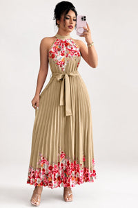 Emilia | Damen Geblümtes Plissee-Neckholder Midi-Kleid – Khaki